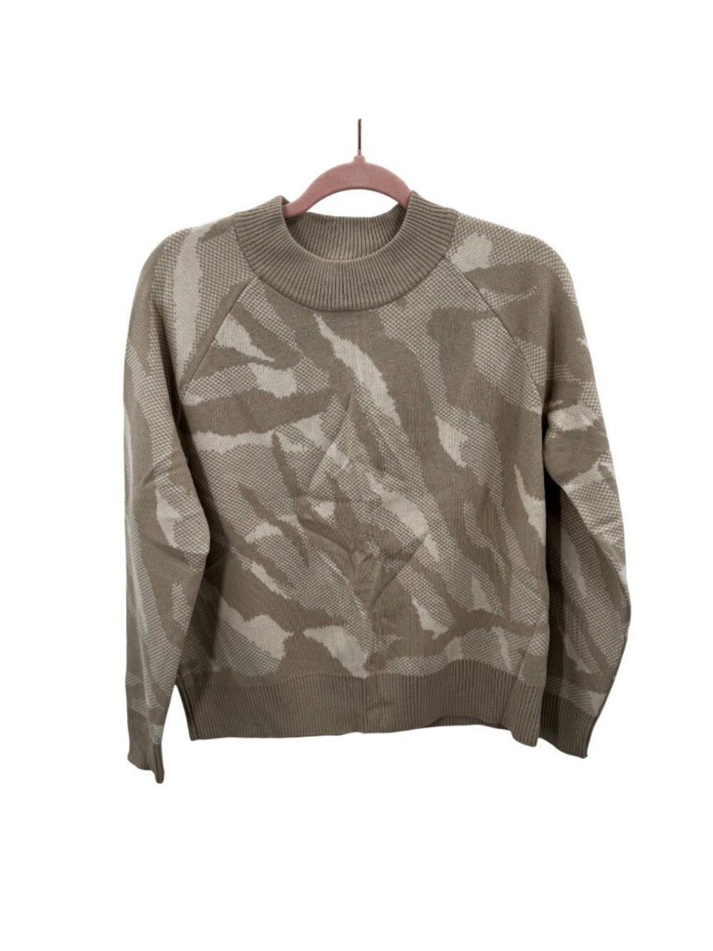 Athleta Womens Camo Sweater Tan Cream Knit Crewneck Pullover Size XS